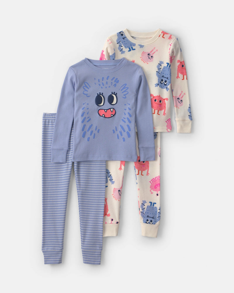 Toddler Girl Cozy Monster 100% Cotton Snug Fit 4 Piece Pajama Set - Assorted