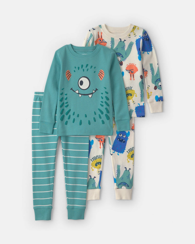 Toddler Boy Cozy Monster 100% Cotton Snug Fit 4 Piece Pajama Set - Assorted
