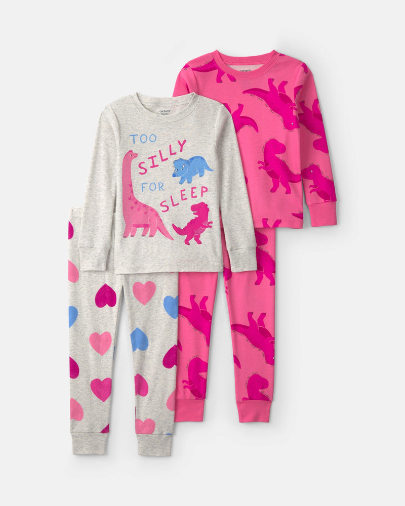 Toddler Girl 4 Piece Dino Heart Cotton Snug Fit Pajama Set - Assorted