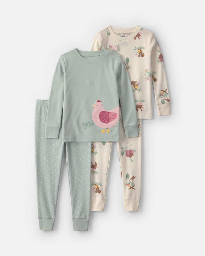 Toddler Girl Country Chicken 100% Cotton Snug Fit 4 Piece Pajama Set - Assorted