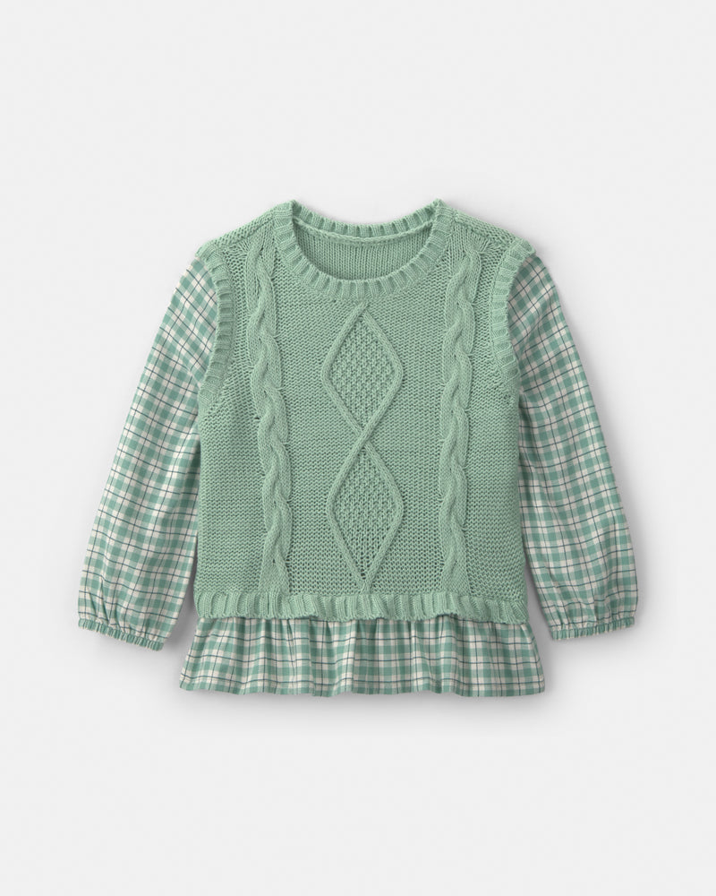 Toddler Girl 2 Piece Plaid Sweater Vest Top Set - Green
