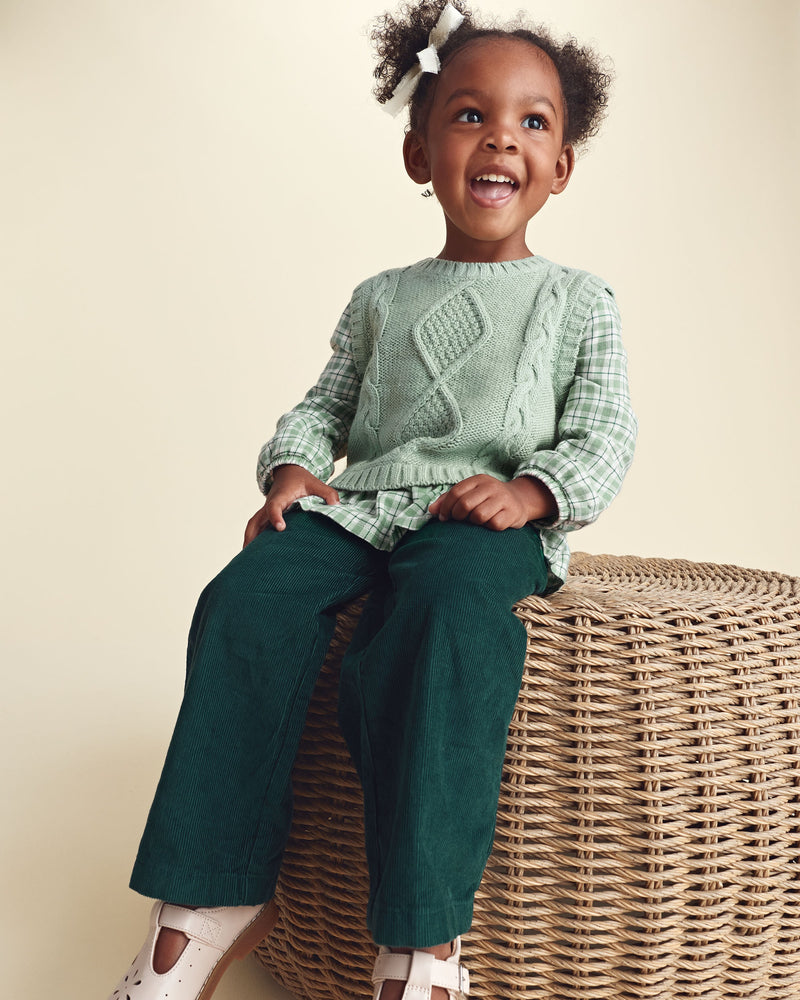 Toddler Girl 2 Piece Plaid Sweater Vest Top Set - Green