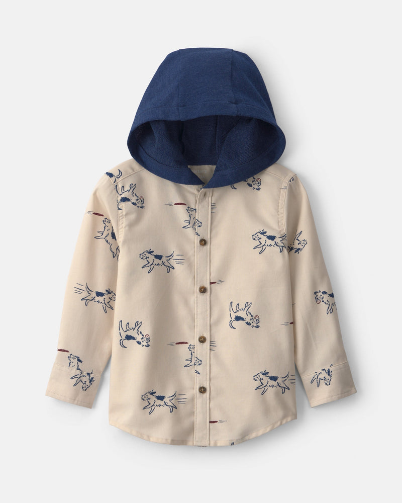 Toddler Boy Dog Long Sleeve Button Down Hooded Shirt - Cream