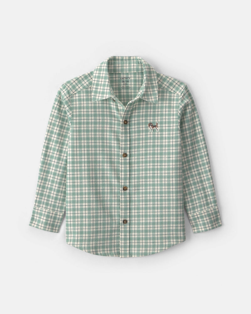 Toddler Boy Dog Plaid Flannel Button Down Shirt - Green