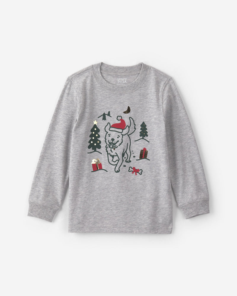 Toddler Boys Christmas Dog Long-Sleeve Graphic Tee - Grey