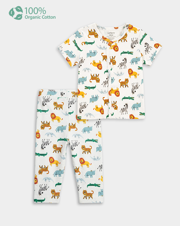 Baby Boy Organic Cotton Jungle Animal Print Front Open T-Shirt & Pant Set
