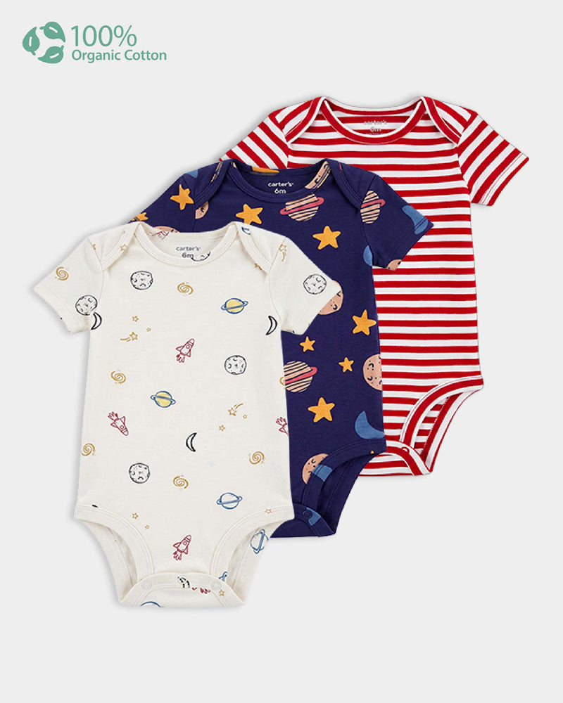 Baby Boy 3-Pack Organic Cotton Bodysuits in Outerspace Print