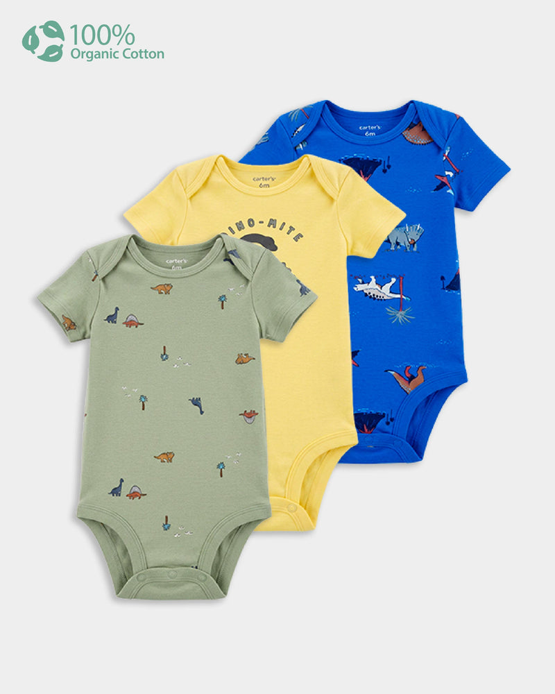 Baby Boy 3-Pack Organic Cotton Bodysuits in Dino Print