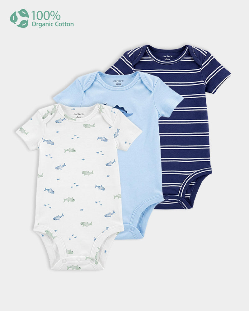 Baby Boy 3-Pack Organic Cotton Bodysuits in Dino Print