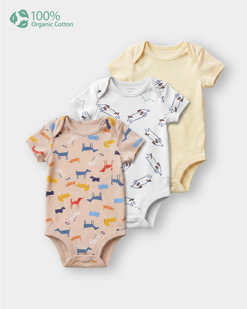 Baby Boy 3-Pack Organic Cotton Bodysuits in Animal Print