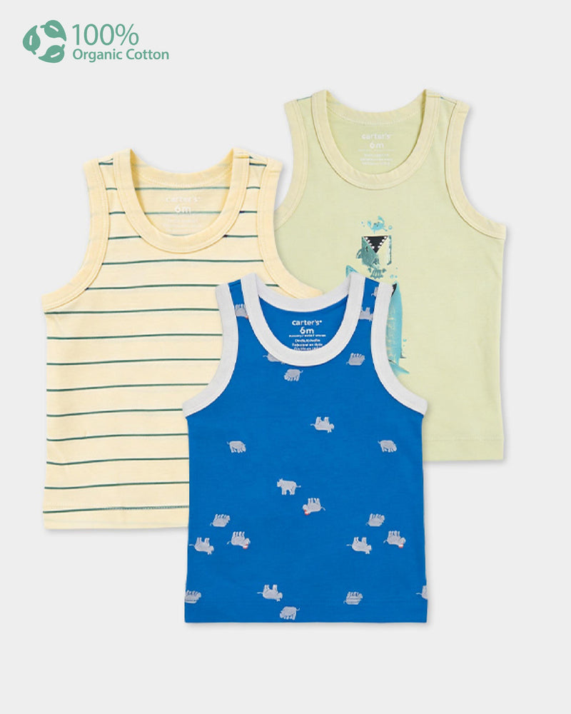 Baby Boy 3-Pack Organic Cotton Vest In Assorted Prints with Anti Microbial Finish