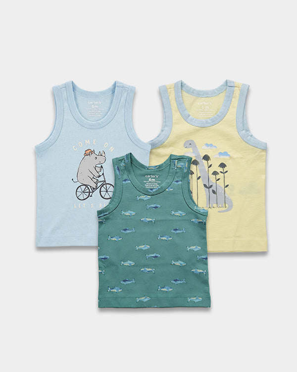 Baby Boy 3-Pack Organic Cotton Vest In Assorted Prints with Anti Microbial Finish