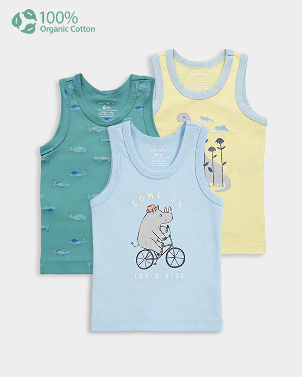Baby Boy 3-Pack Organic Cotton Vest In Assorted Prints with Anti Microbial Finish