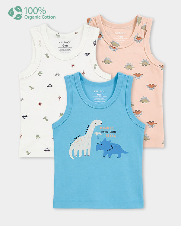 Baby Boy 3-Pack Organic Cotton Vest In Assorted Prints with Anti Microbial Finish
