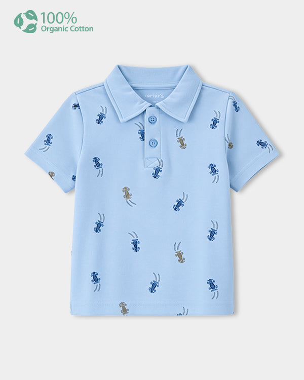Baby Boy Organic Cotton Polo T-Shirt In Car Print