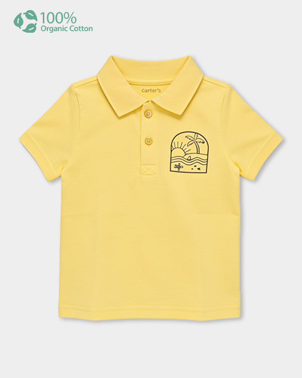 Baby Boy Organic Cotton Polo T-Shirt With Beach Logo Print