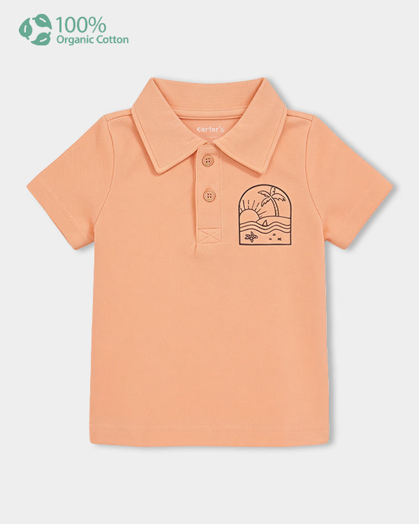 Baby Boy Organic Cotton Polo T-Shirt With Beach Logo Print