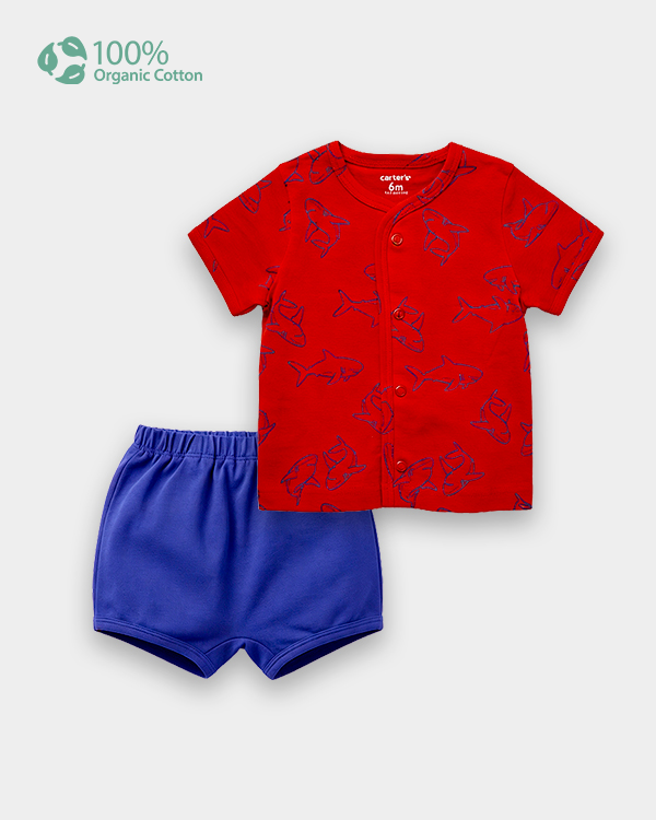 Baby Boy Organic Cotton Sea Print Front Open T-Shirt & Shorts Set