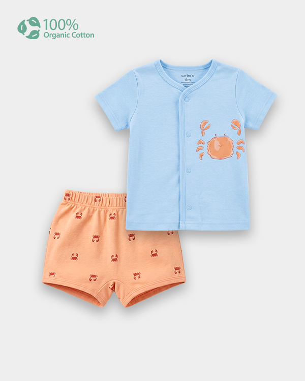 Baby Boy Organic Cotton Crab Print Front Open T-Shirt & Shorts Set
