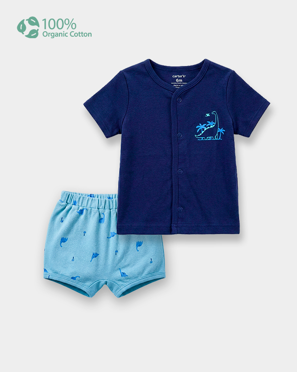 Baby Boy Organic Cotton Dino Print Front Open T-Shirt & Shorts Set