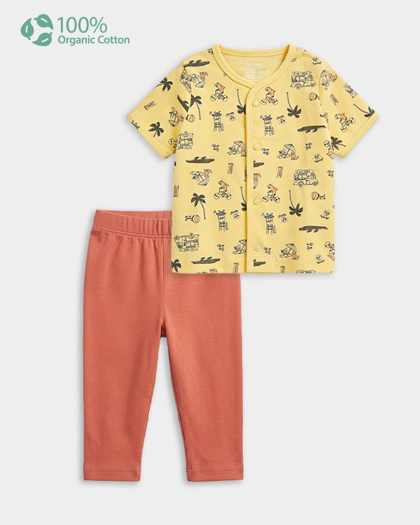 Baby Boy Organic Cotton Tropical Animal Print Front Open T-Shirt & Pant Set