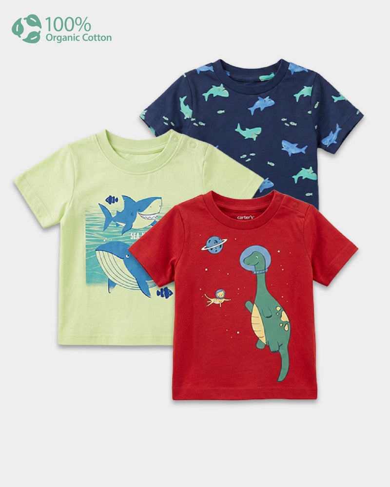 Baby Boy 3-Pack Organic Cotton Crew Neck T-Shirt With Assorted Prints
