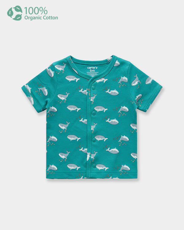 Baby Boy Organic Cotton Front Open T-Shirt In Whale Print
