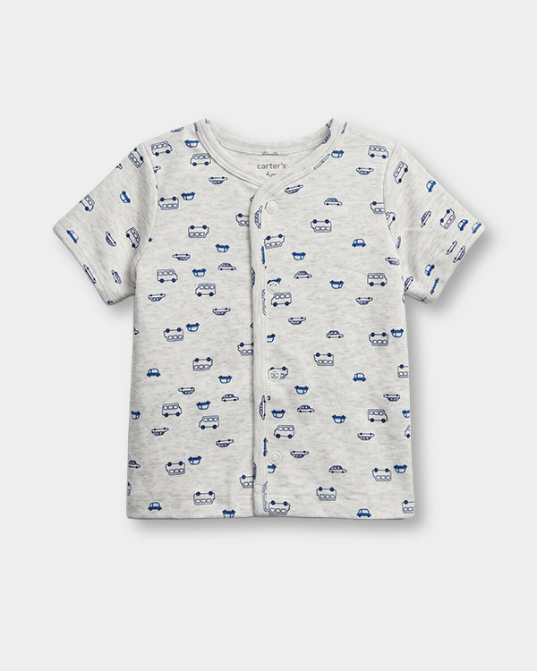Baby Boy Organic Cotton Front Open T-Shirt In Transport Print