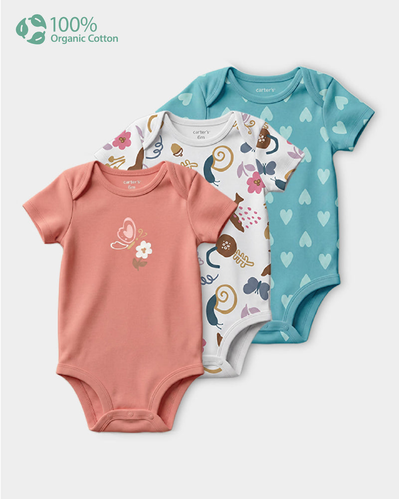 Baby Girl 3-Pack Organic Cotton Bodysuits in Animal Print