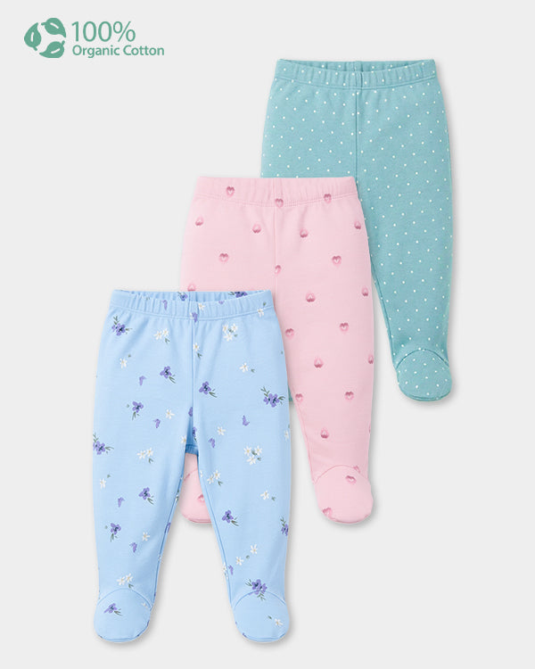 Baby Girl 3-Pack Organic Cotton Footie Pants In Assorted Prints