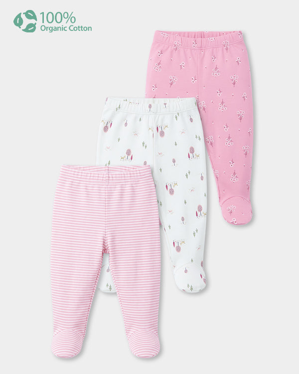 Baby Girl 3-Pack Organic Cotton Footie Pants In Assorted Prints