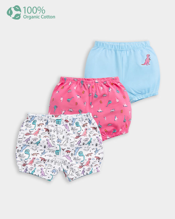 Baby Girl 3-Pack Organic Cotton Blommers In Assorted Prints with Anti Microbial Finish