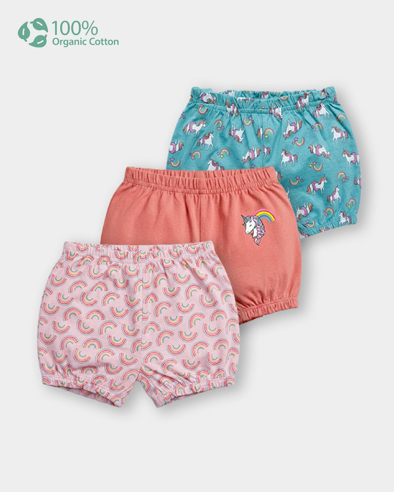 Baby Girl 3-Pack Organic Cotton Blommers In Assorted Prints with Anti Microbial Finish