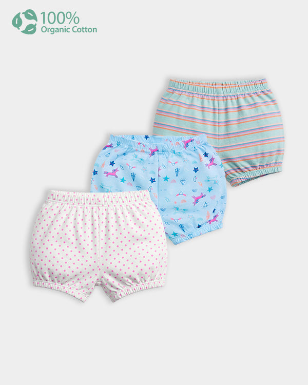 Baby Girl 3-Pack Organic Cotton Blommers In Assorted Prints with Anti Microbial Finish