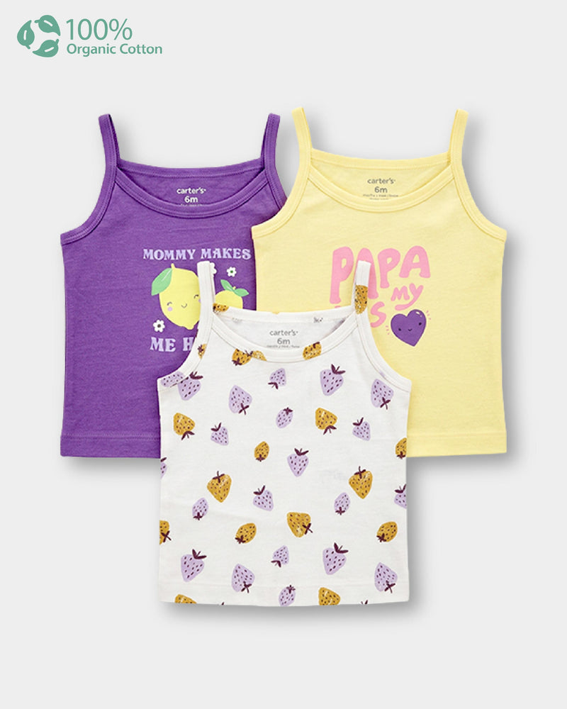 Baby Girl 3-Pack Organic Cotton Camisoles In Assorted Prints with Anti Microbial Finish