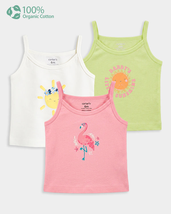 Baby Girl 3-Pack Organic Cotton Camisoles In Assorted Prints with Anti Microbial Finish