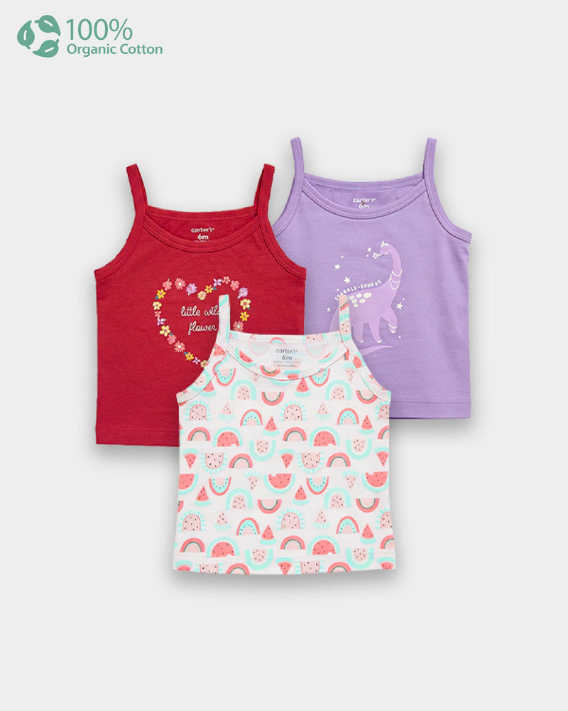 Baby Girl 3-Pack Organic Cotton Camisoles In Assorted Prints with Anti Microbial Finish