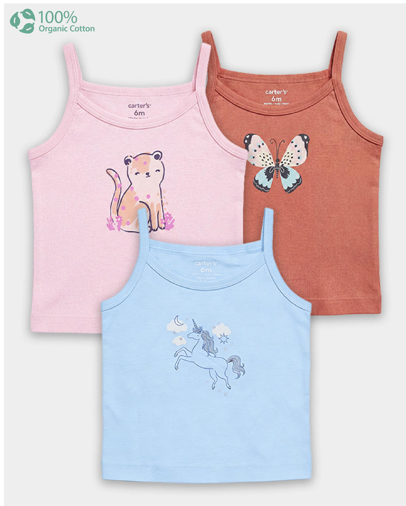 Baby Girl 3-Pack Organic Cotton Camisoles In Assorted Prints with Anti Microbial Finish
