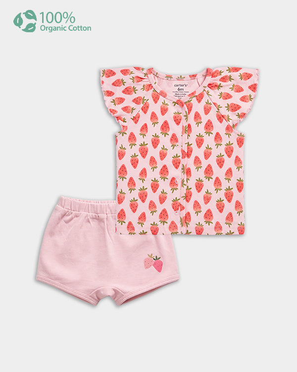 Baby Girl Organic Cotton Strawberry Print Front Open T-Shirt & Shorts Set