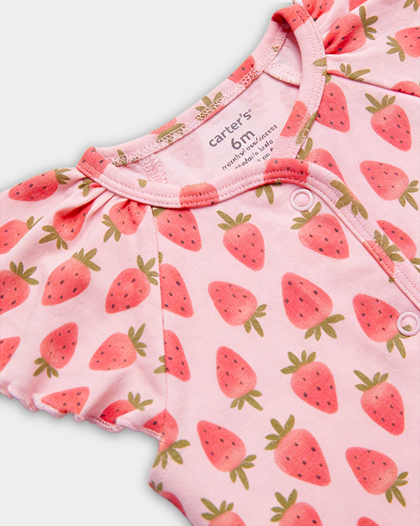 Baby Girl Organic Cotton Strawberry Print Front Open T-Shirt & Shorts Set