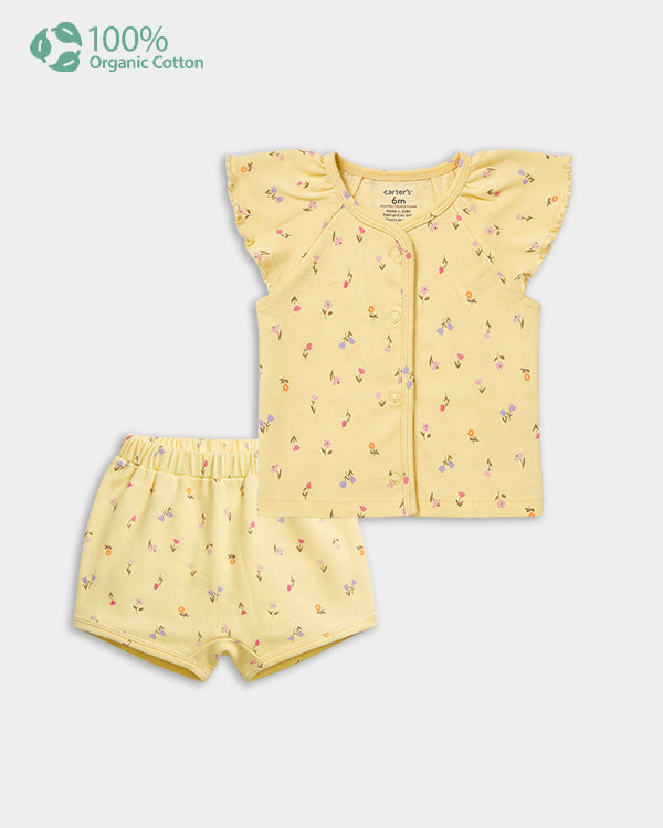Baby Girl Organic Cotton Floral Print Front Open T-Shirt & Shorts Set