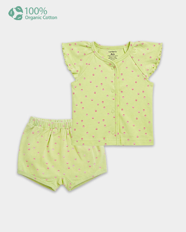 Baby Girl Organic Cotton Cupcake Print Front Open T-Shirt & Shorts Set