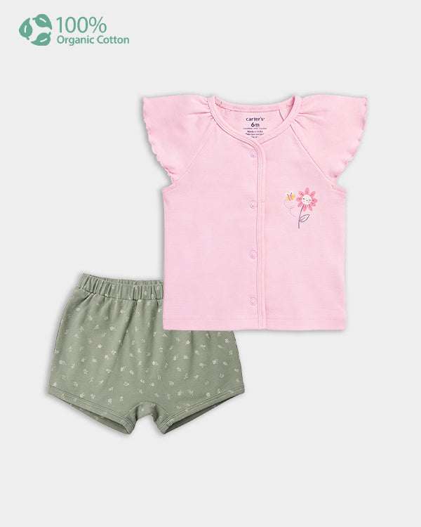 Baby Girl Organic Cotton Floral Print Front Open T-Shirt & Shorts Set