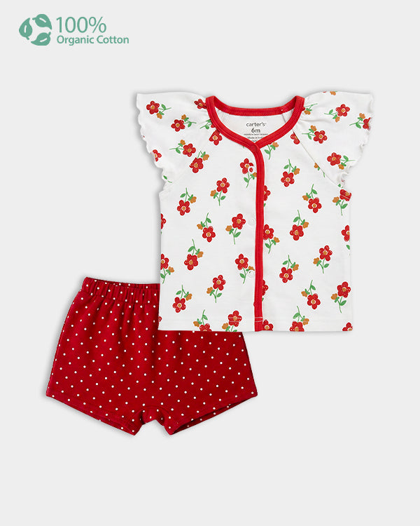 Baby Girl Organic Cotton Floral Print Front Open T-Shirt & Shorts Set