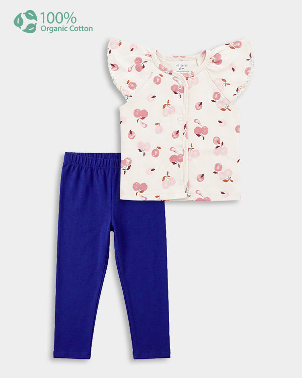 Baby Girl Organic Cotton Fruit Print Front Open T-Shirt & Pant Set
