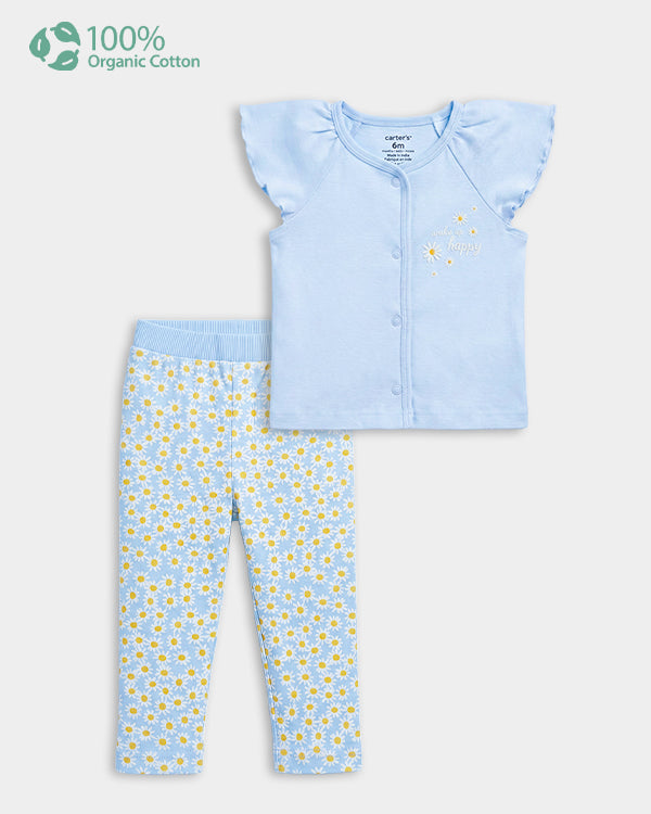 Baby Girl Organic Cotton Floral Print Front Open T-Shirt & Pant Set