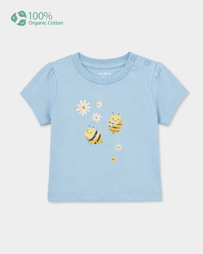 Baby Girl Organic Cotton Crew Neck T-Shirt With Bee Print