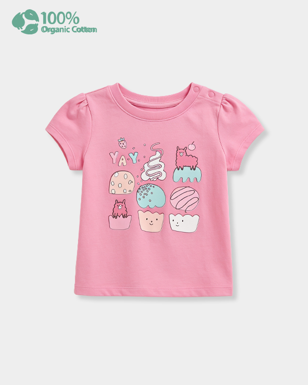 Baby Girl Organic Cotton Crew Neck T-Shirt With Cupcake Print