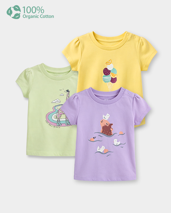 Baby Girl 3-Pack Organic Cotton Crew Neck T-Shirt With Assorted Prints