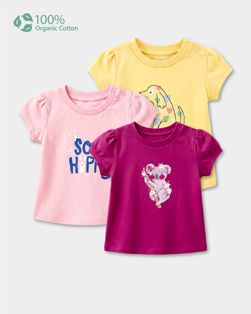 Baby Girl 3-Pack Organic Cotton Crew Neck T-Shirt With Assorted Prints